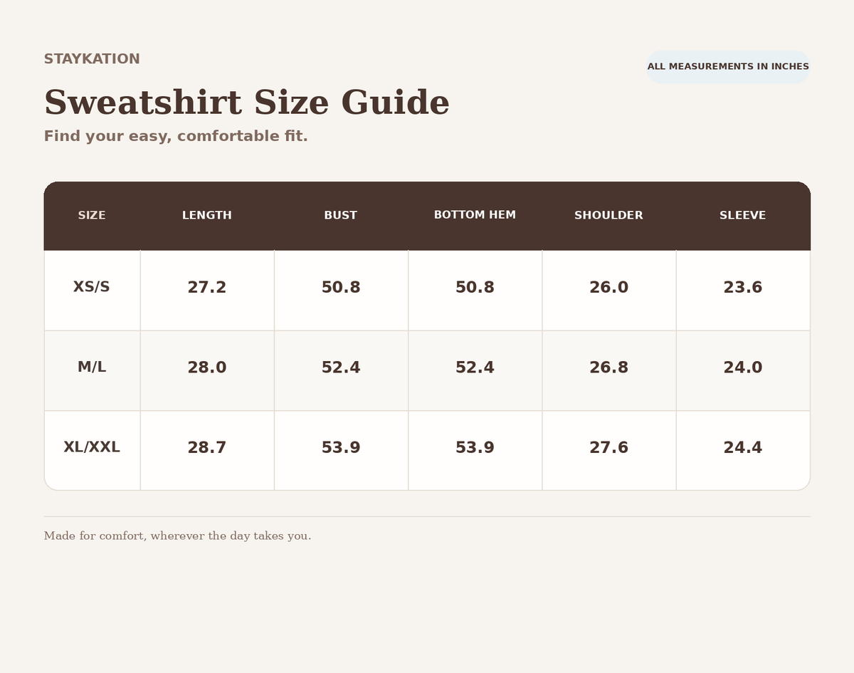 Staykation sweatshirt size guide. Measurements in inches, listed in size order XS/S, M/L, XL/XXL: length 27.2, 28, 28.7; bust 50.8, 52.4, 53.9; bottom hem 50.8, 52.4, 53.9; shoulder 26, 26.8, 27.6; sleeve 23.6, 24, 24.4.