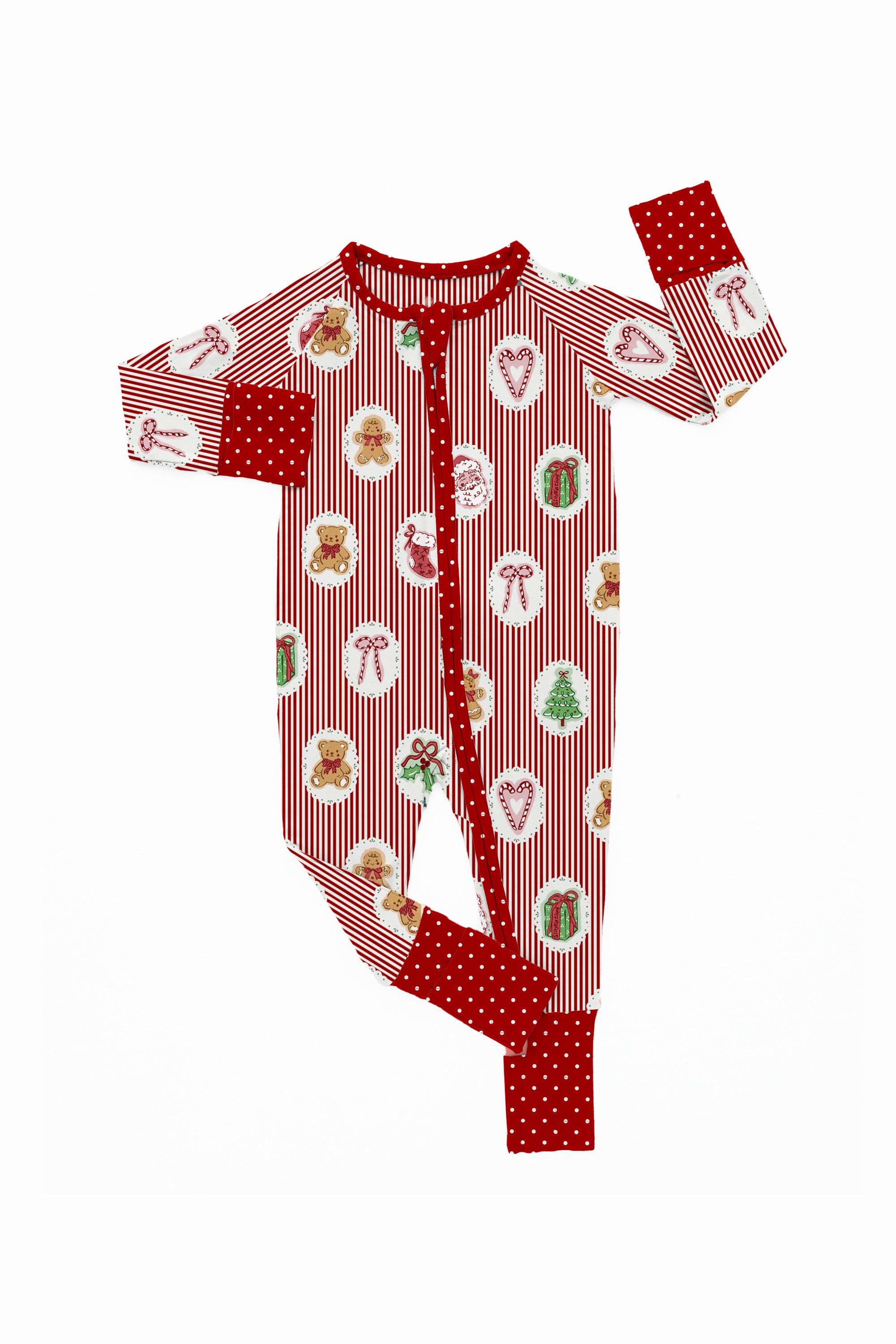 Baby Christmas Stripe zip pajamas with red stripes and vintage holiday icons