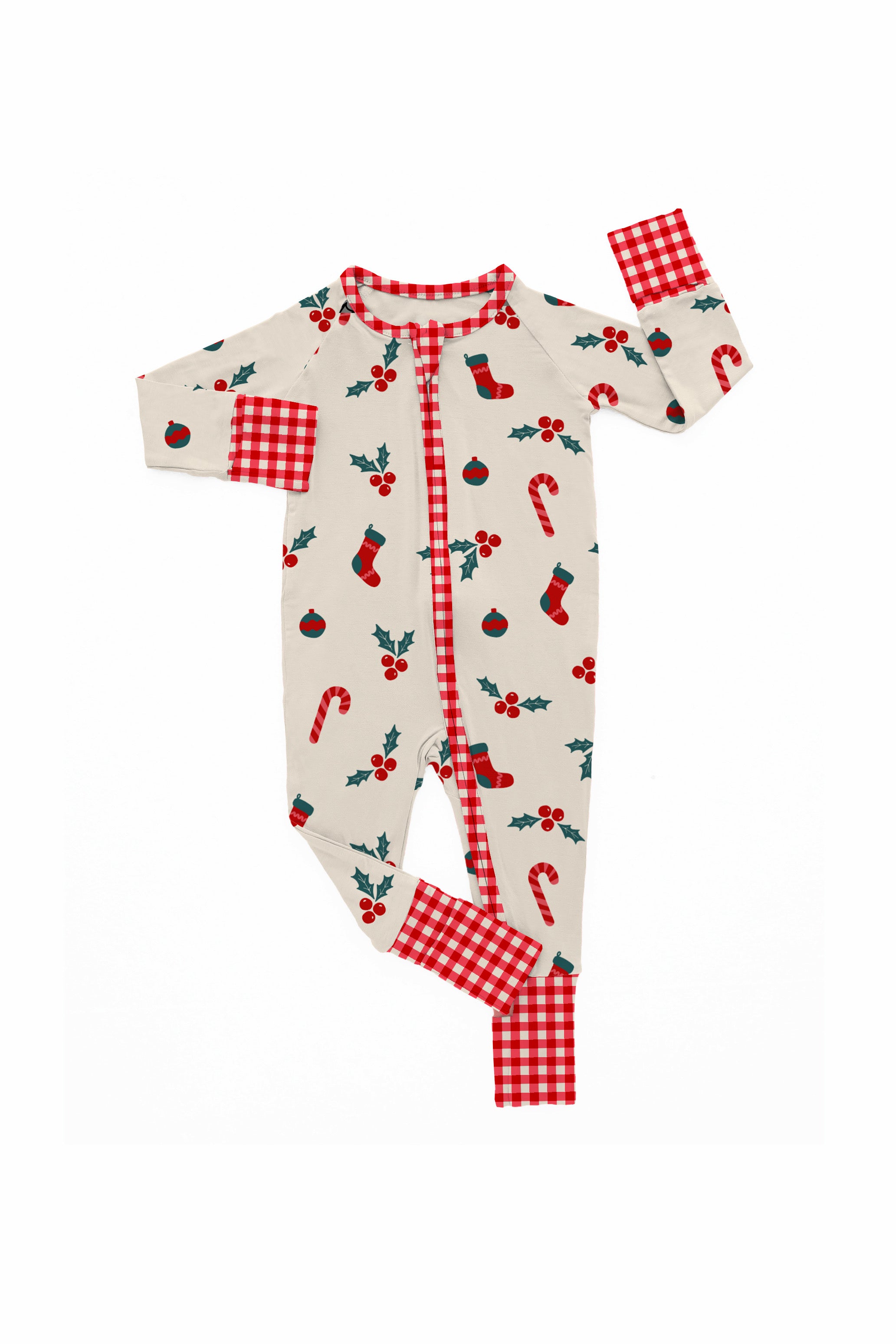 Baby Holly Gingham zip pajamas with holly print and red gingham trim