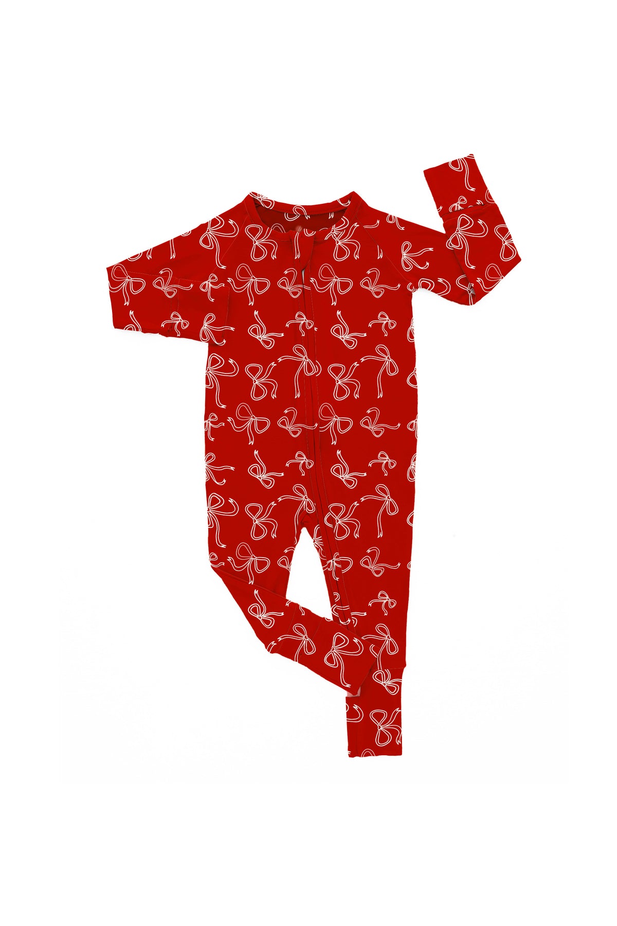 Baby Red Bow zip pajamas with white bow print on a red background