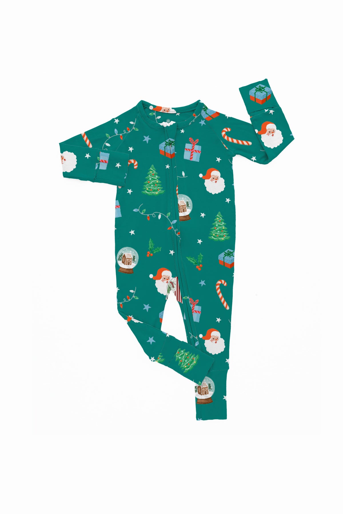Baby Teal Santa zip pajamas with Santa, gifts, trees, and candy canes
