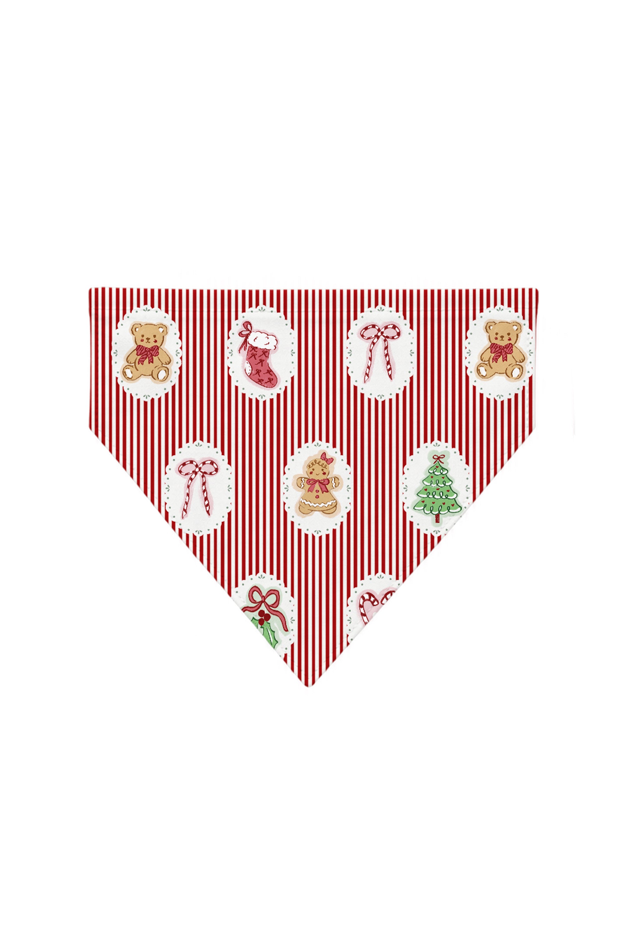 Christmas Stripe dog bandana with red stripes and vintage holiday icons