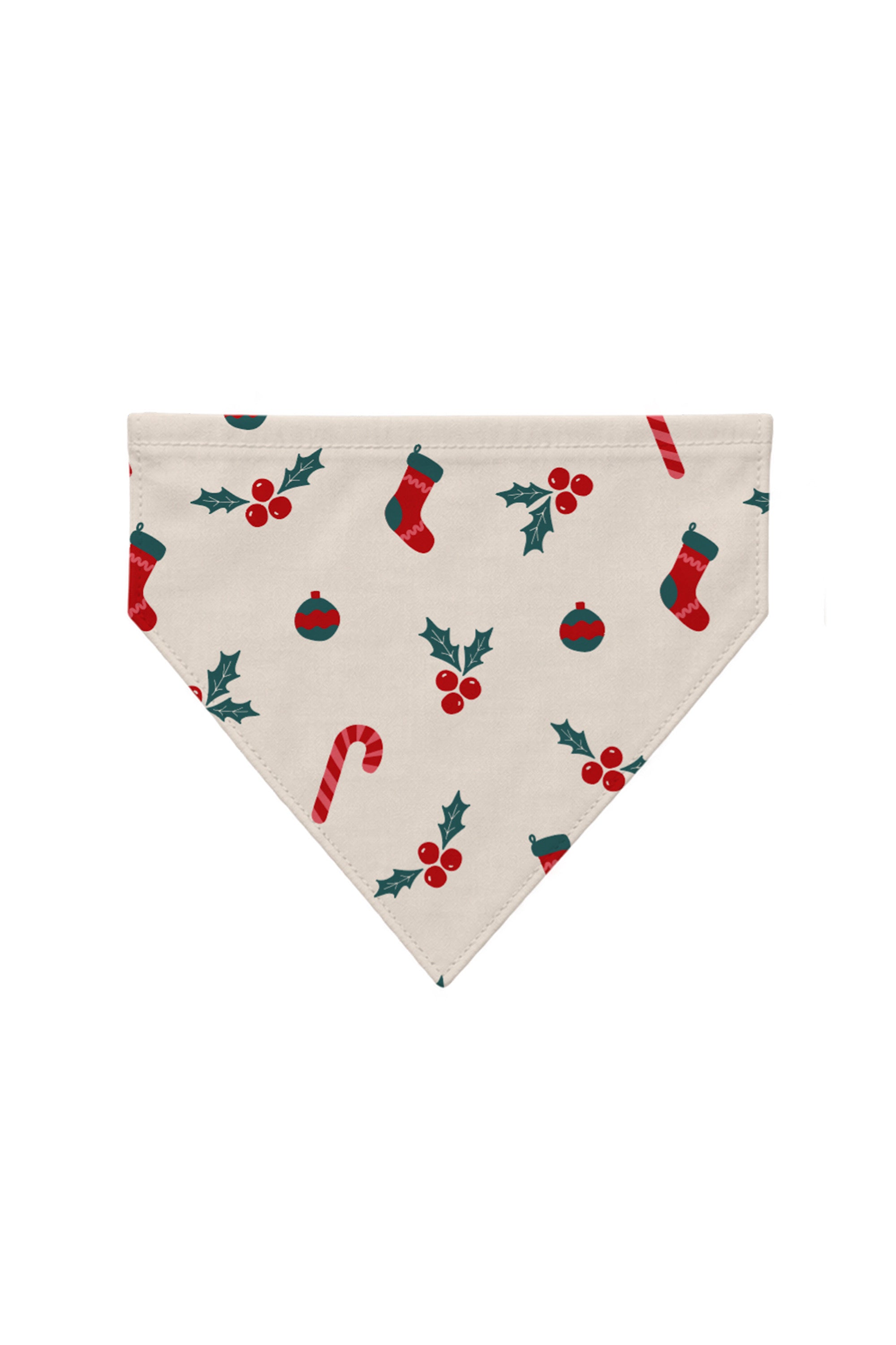 Holly Gingham dog bandana with holly, stockings, ornaments, and candy canes