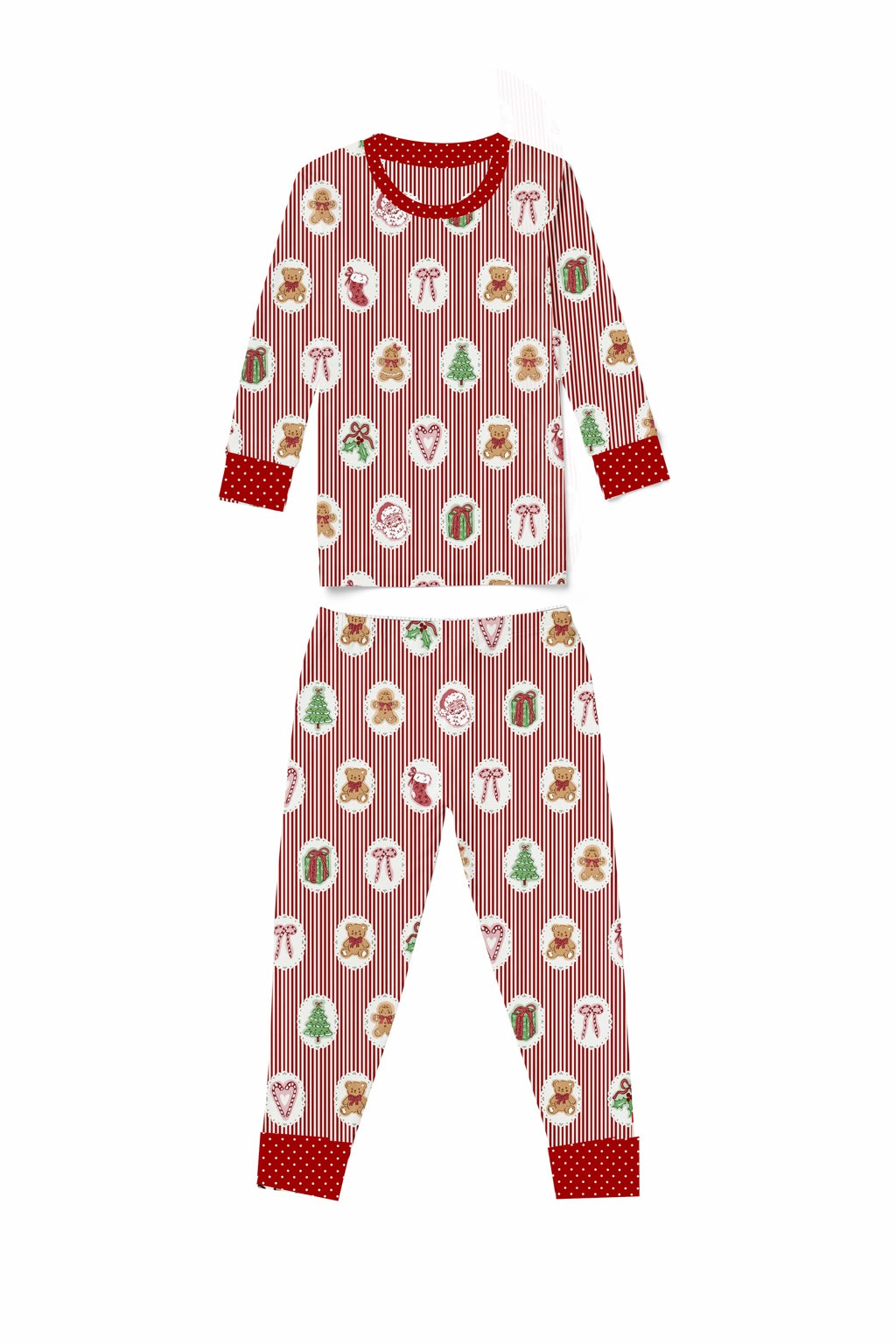 Kids Christmas Stripe pajama set with red stripes and vintage holiday icons