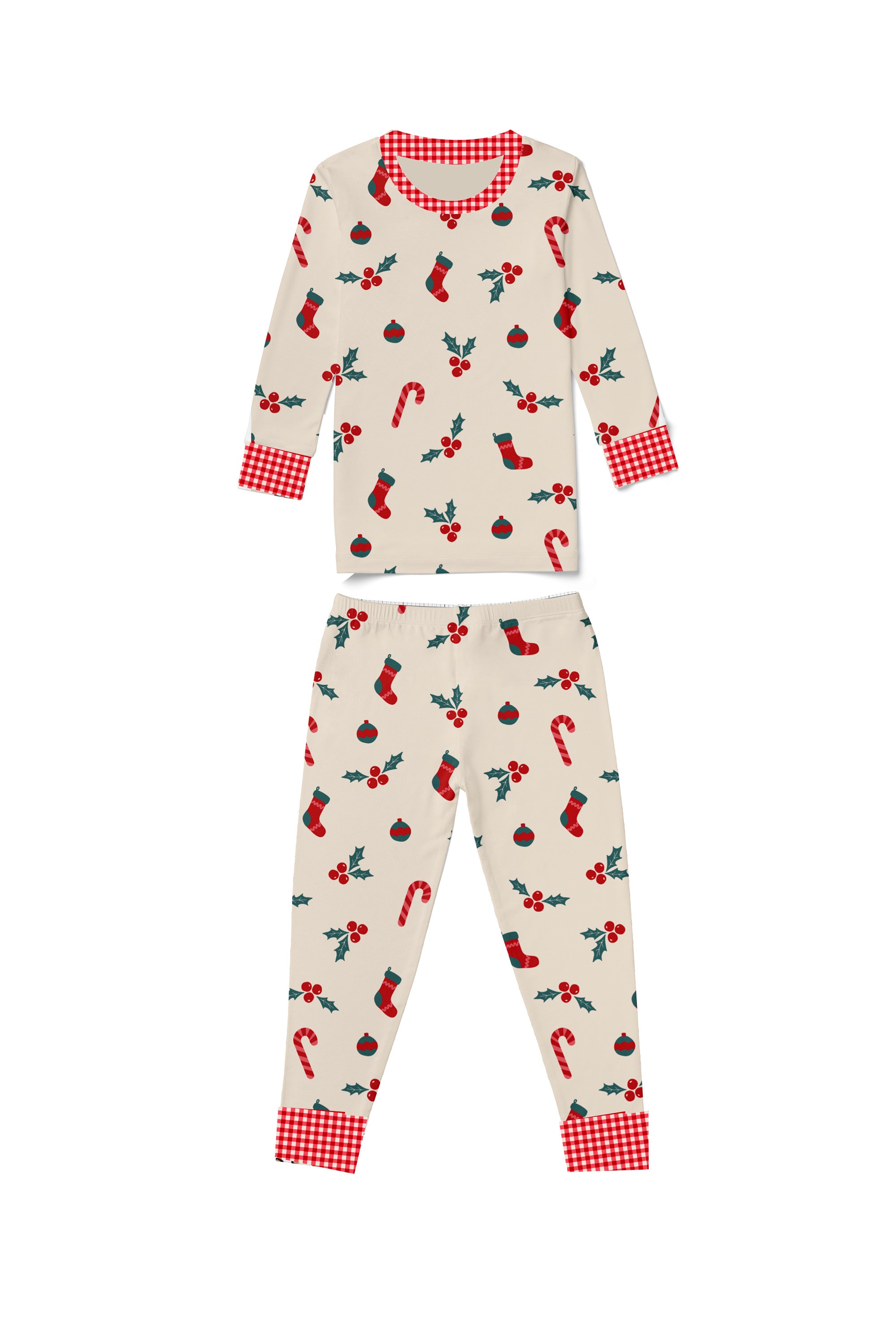 Kids Holly Gingham pajama set with cream holiday print and red gingham trim