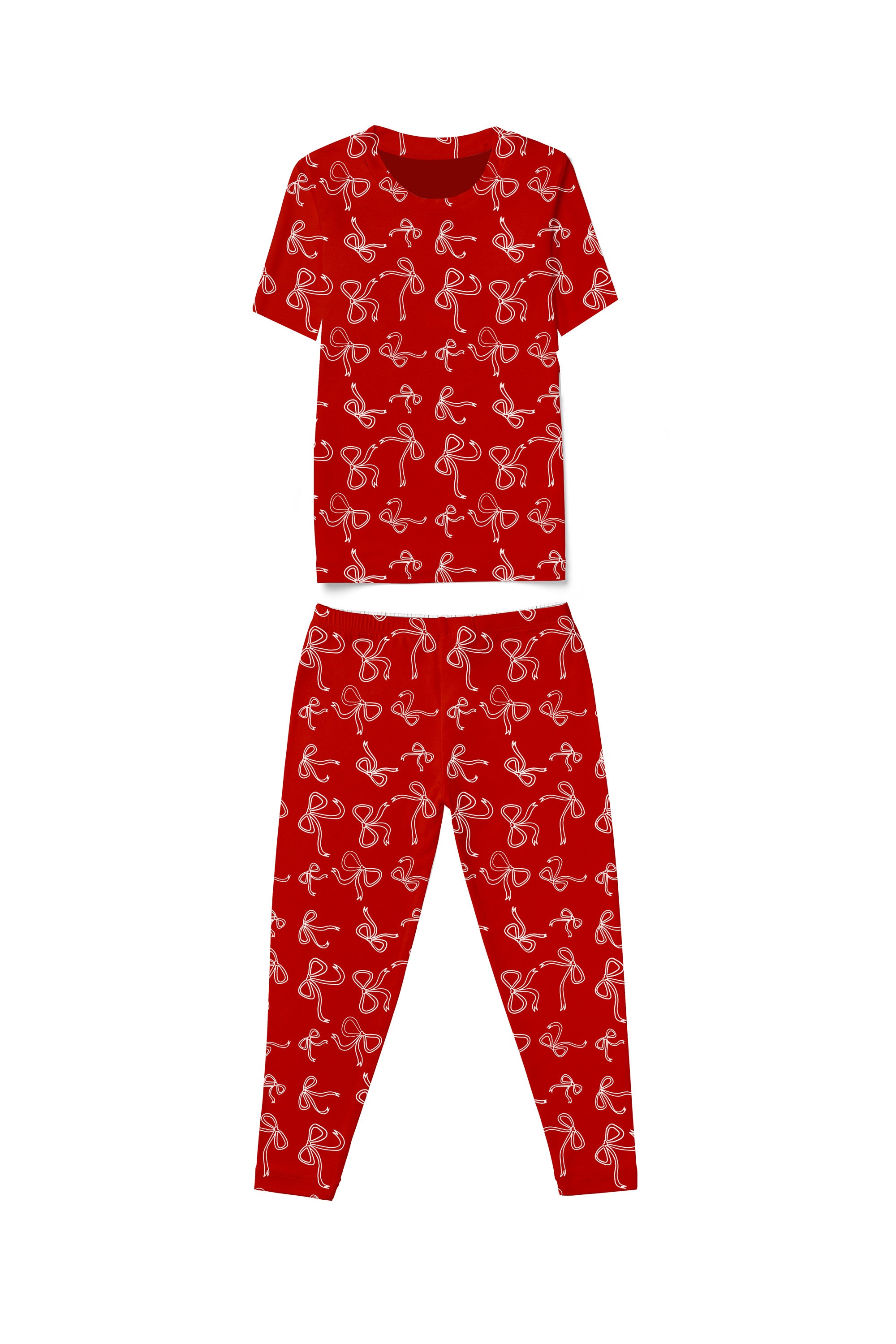Kids Red Bow pointelle pajama set with short sleeve top and full length pants