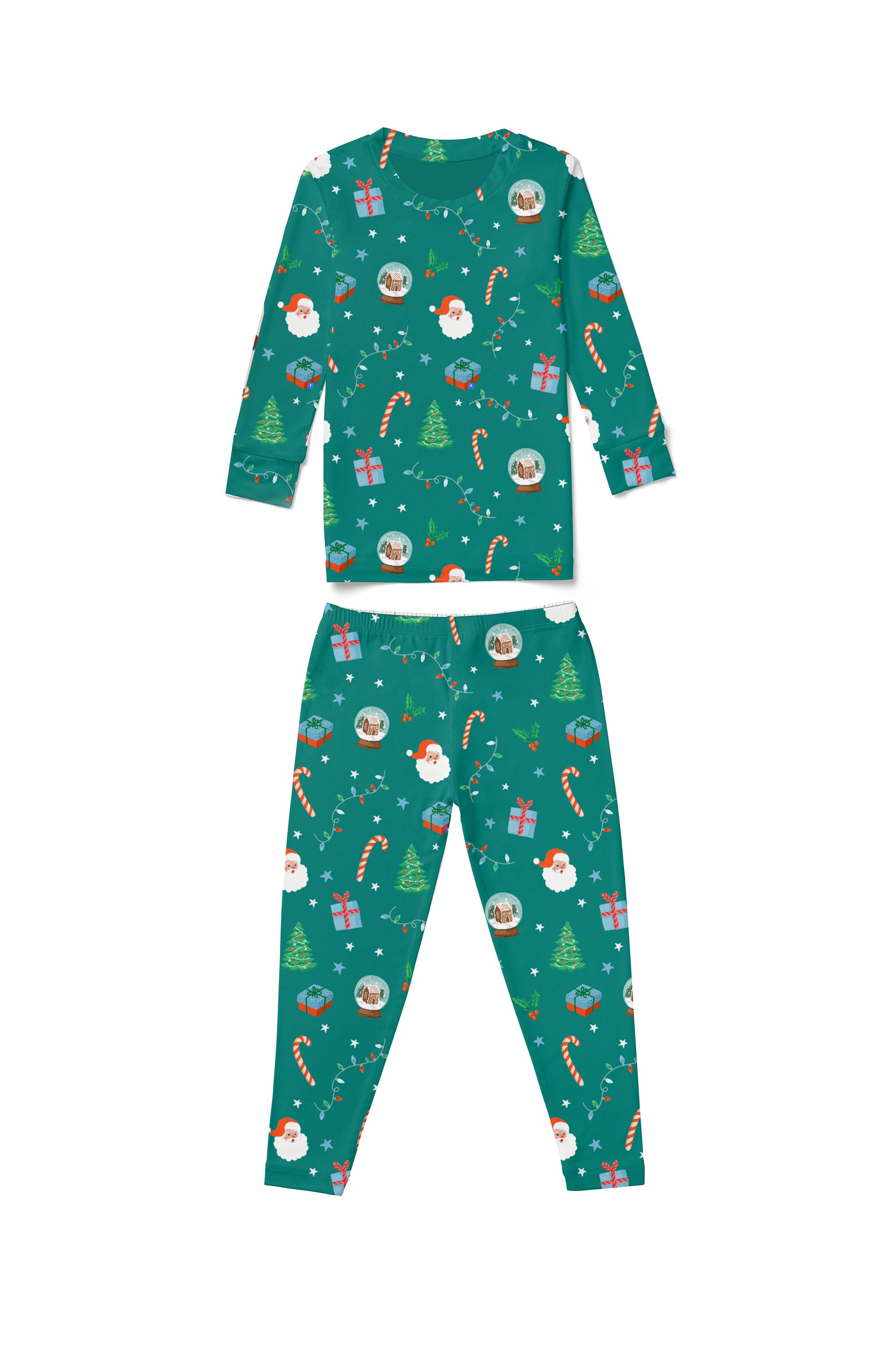 Kids Teal Santa pajama set with Santa, gifts, trees, and candy canes