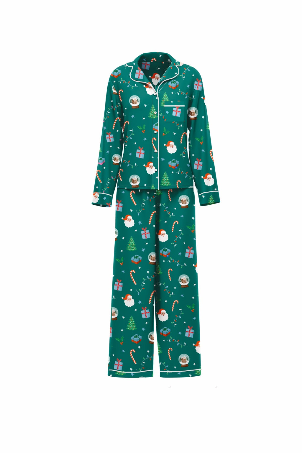 Men's Teal Santa pajama set with button front top and matching pants
