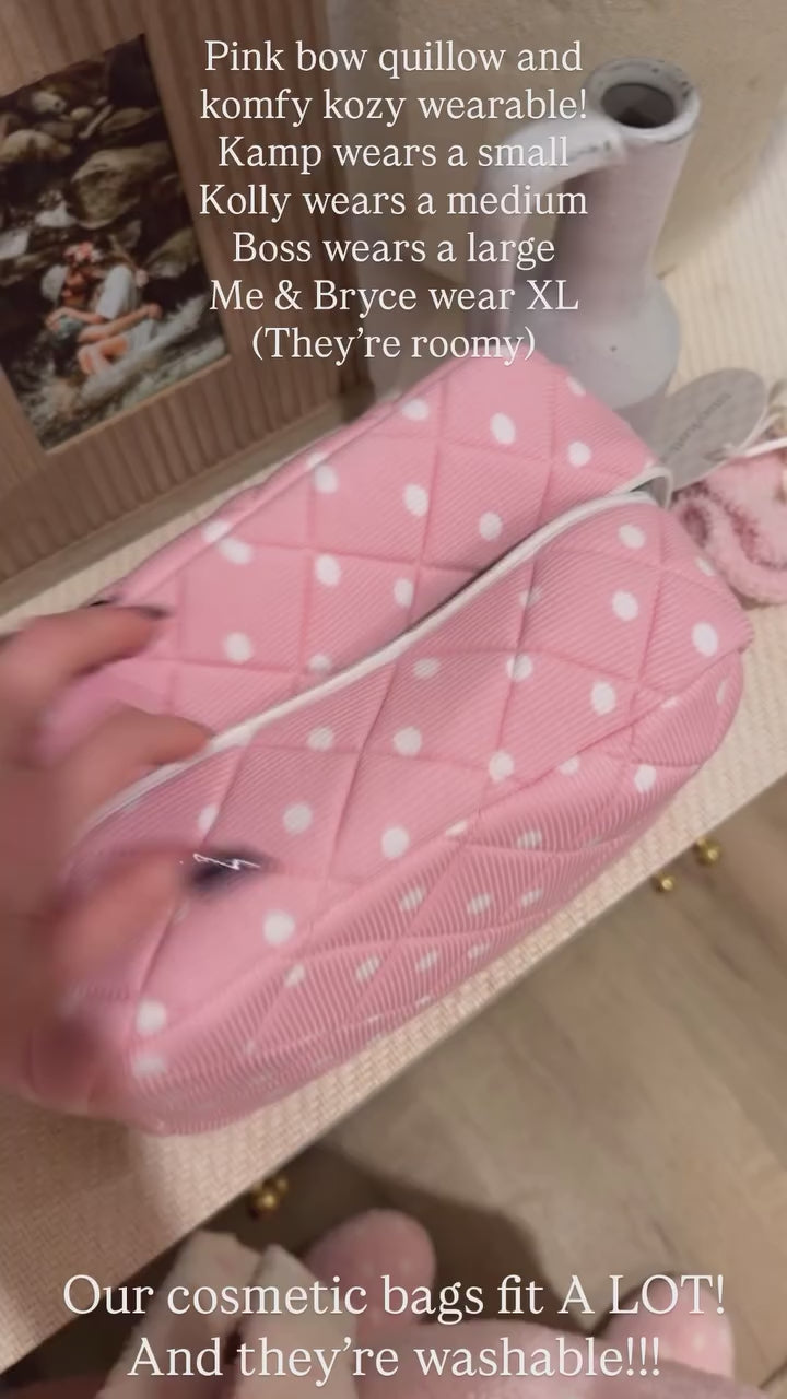 video showing our cosmetic bag and the details like how you can add skincare and the bow zipper 