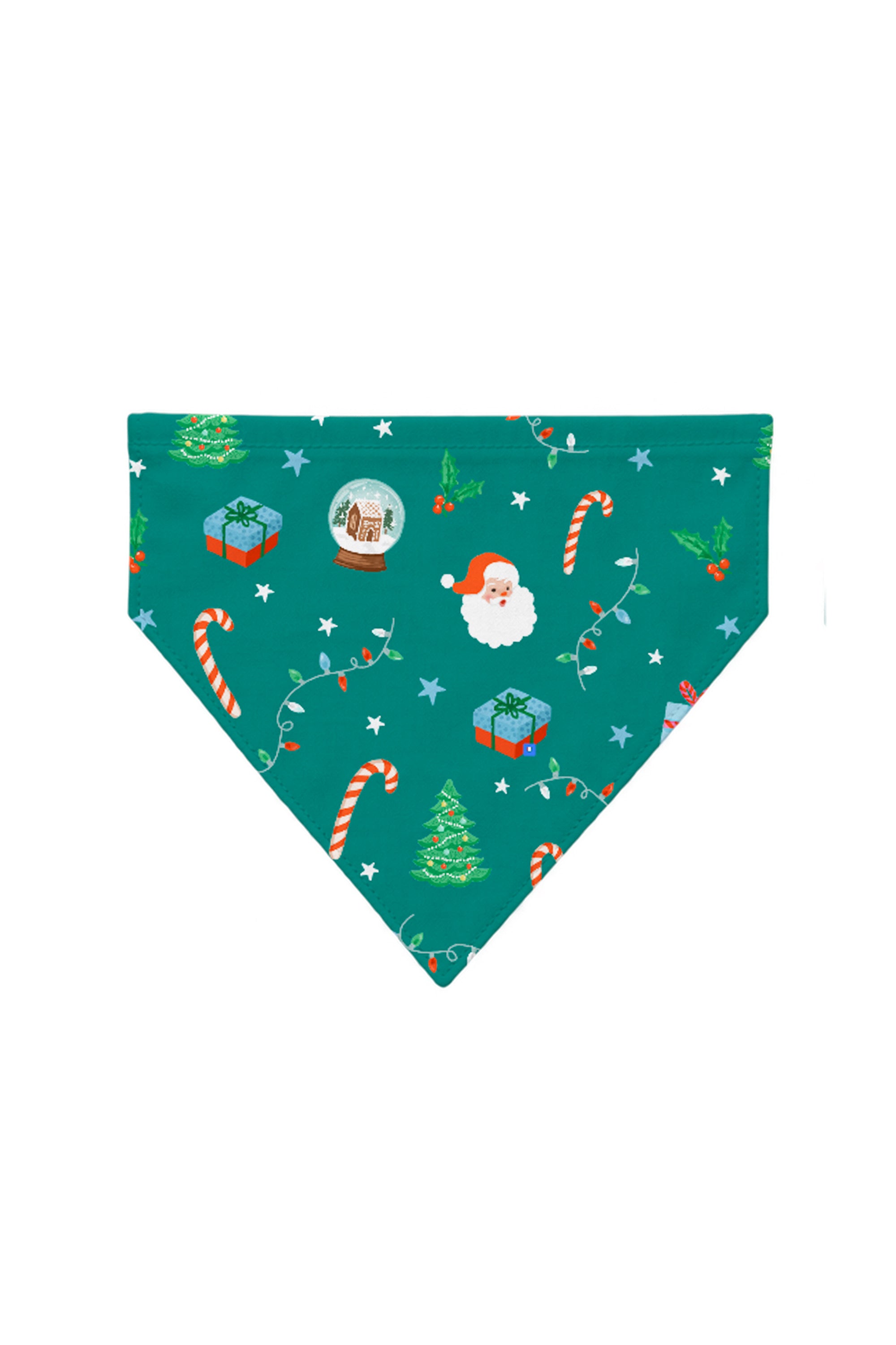 Teal Santa dog bandana with Santa, gifts, trees, and candy canes