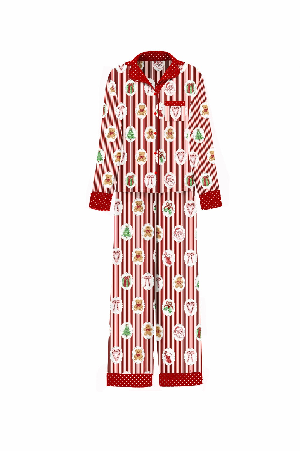 Women's Christmas Stripe pajama set with red and white stripes and vintage holiday icons