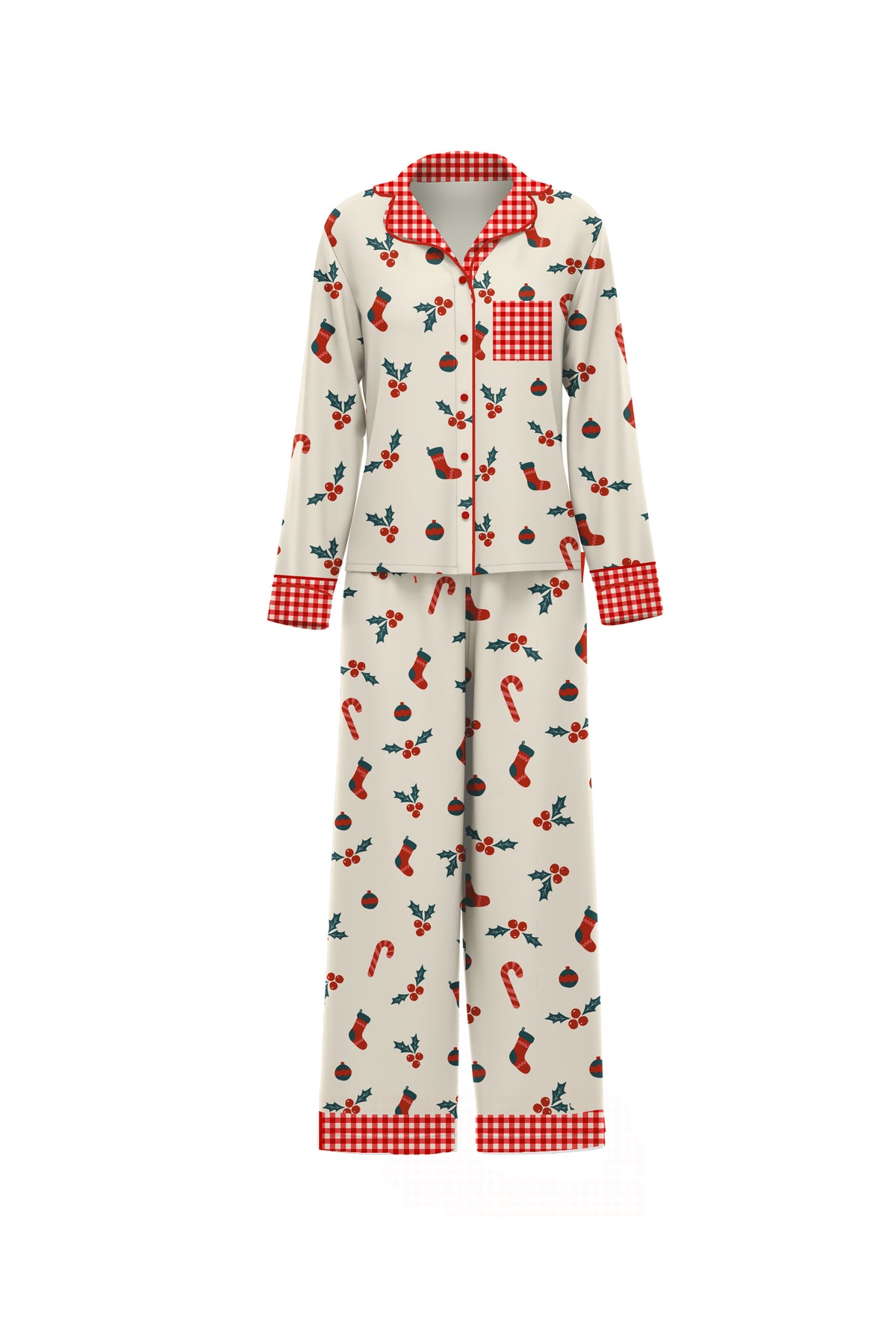 Women's Holly Gingham pajama set with cream holiday print and red gingham trim