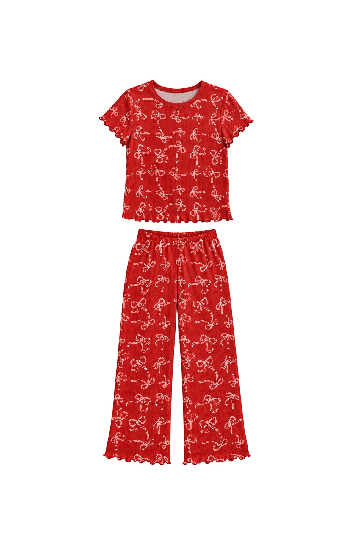 Women's Red Bow pointelle pajama set with short sleeve top and full length pants